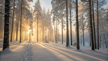 Enchanting Winter Forest with Golden Sunset Rays Shining Through Snow-Covered Trees in a Serene Landscape
