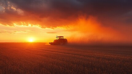 tractor harvesting wheat in a golden field at sunset, kicking up a dust cloud while working hard to complete the autumn harvest in the countryside