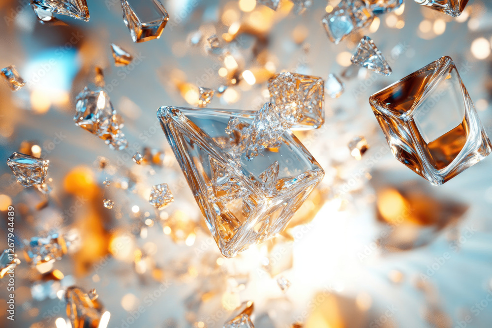Poster shimmering crystal shards and geometric shapes float in a luminous, golden-hued atmosphere.