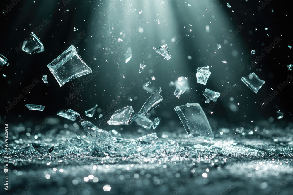 Poster shattered glass fragments falling dramatically, illuminated by a spotlight, creating a powerful visu