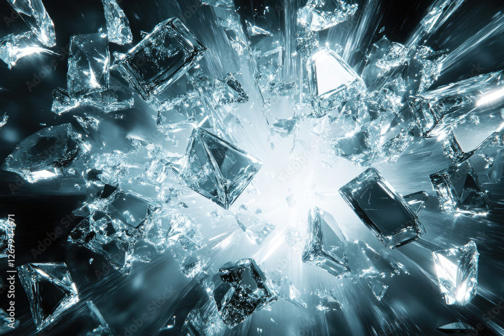 Poster shattered glass explodes outward in a radiant burst of light and sharp fragments.
