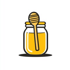 Honey jar with wooden dipper, food illustration, white background, sweet treat