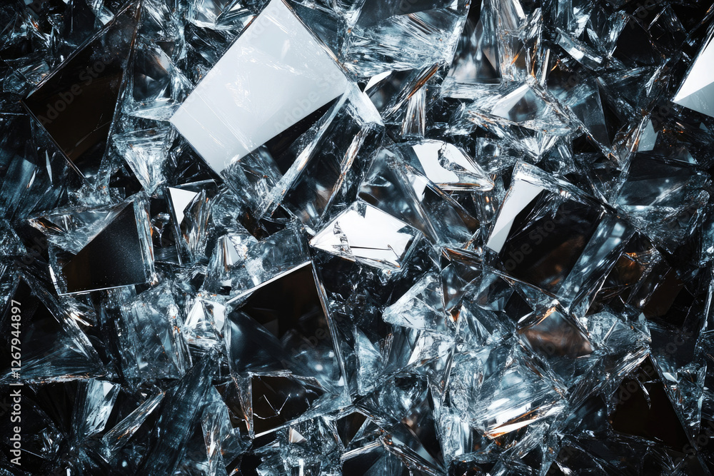 Poster a chaotic pile of shattered, reflective glass shards, creating a dramatic and fragmented texture.
