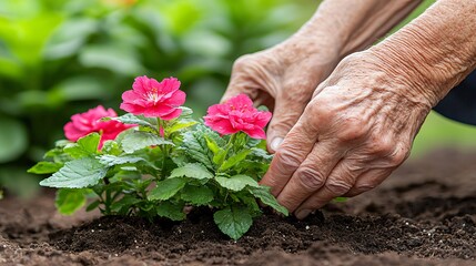 Senior woman planting pink flowers in garden