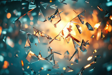 Shattered glass fragments explode against a vibrant, blurred backdrop of warm and cool tones.