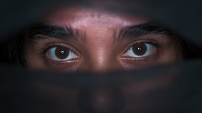 A South Asian woman gazes into the camera, her striking eyes full of depth and emotion, captivating the viewer