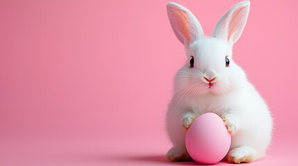Obraz premium Pink backdrop Easter bunny holding egg