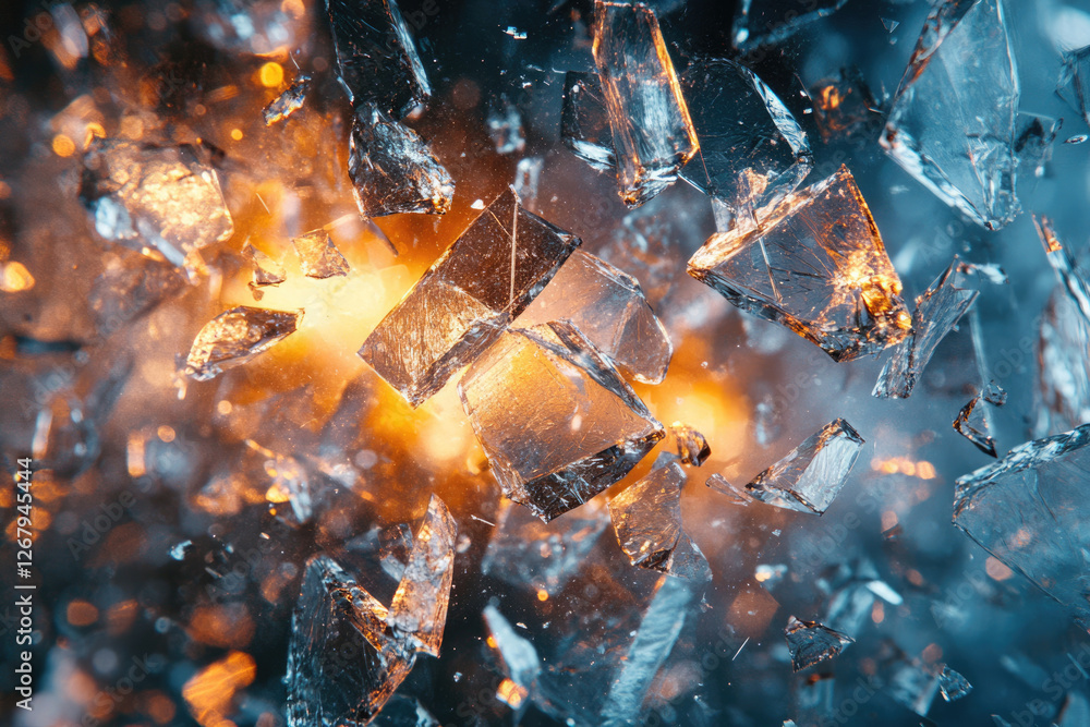 Poster Shattered glass fragments explode in a fiery, dynamic burst, creating a visually striking image.