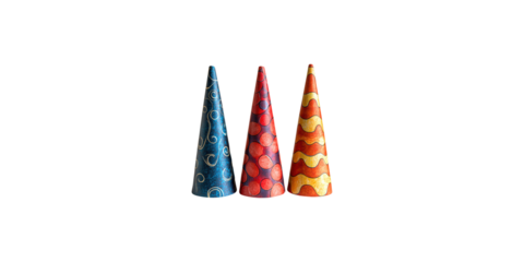 Three colorful party hats with patterns isolated on transparent background