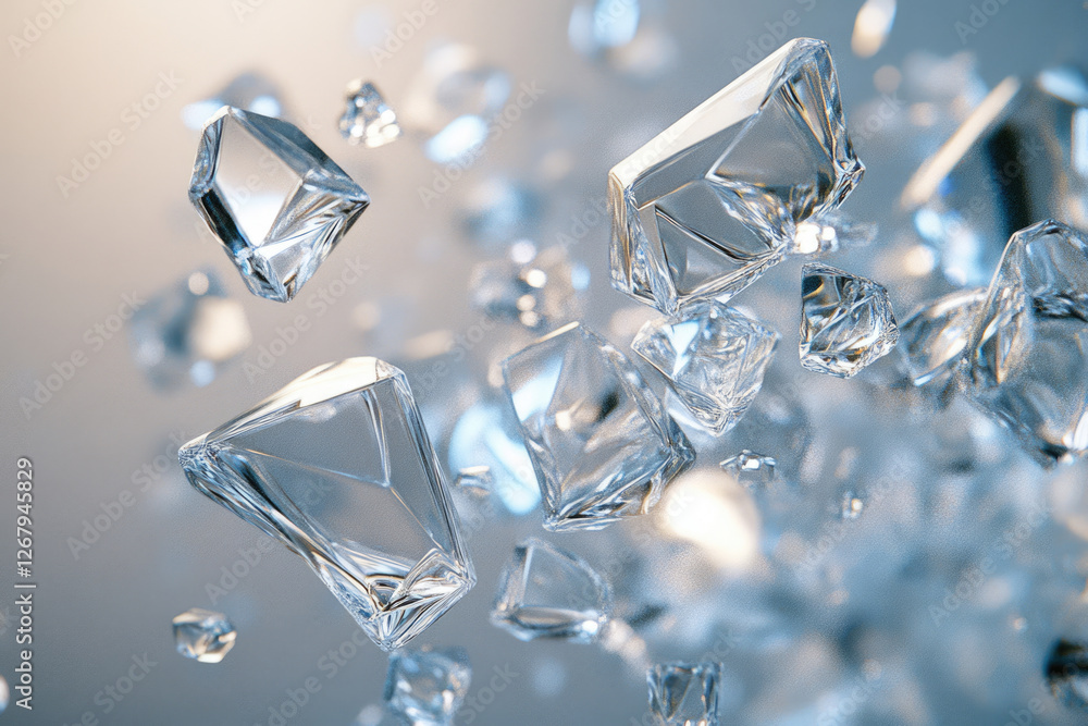 Poster Many crystal shards float and shimmer, reflecting light in a mesmerizing display of fractured brilliance.