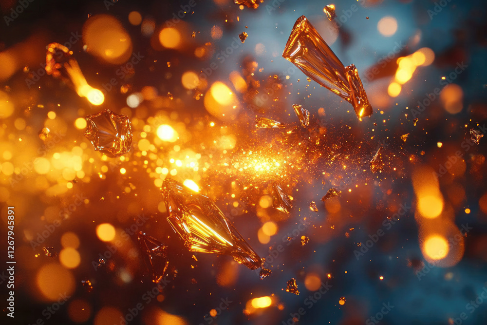 Poster shattered glass explodes in a fiery, golden burst, illuminated by bokeh lights.