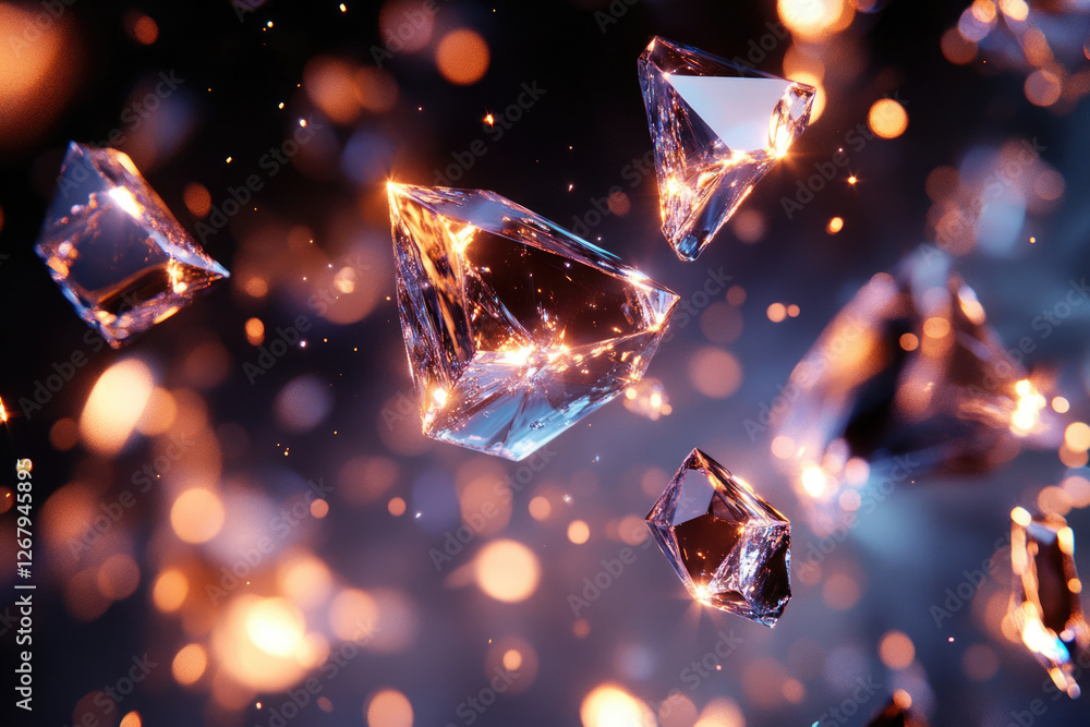 Aufkleber glowing,faceted crystals float in a dark space, illuminated by warm light creating a magical, ethere