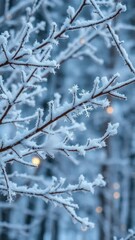 Frosty branches hold glittering snowflakes in a winter wonderland, wintry decor, forest scenery