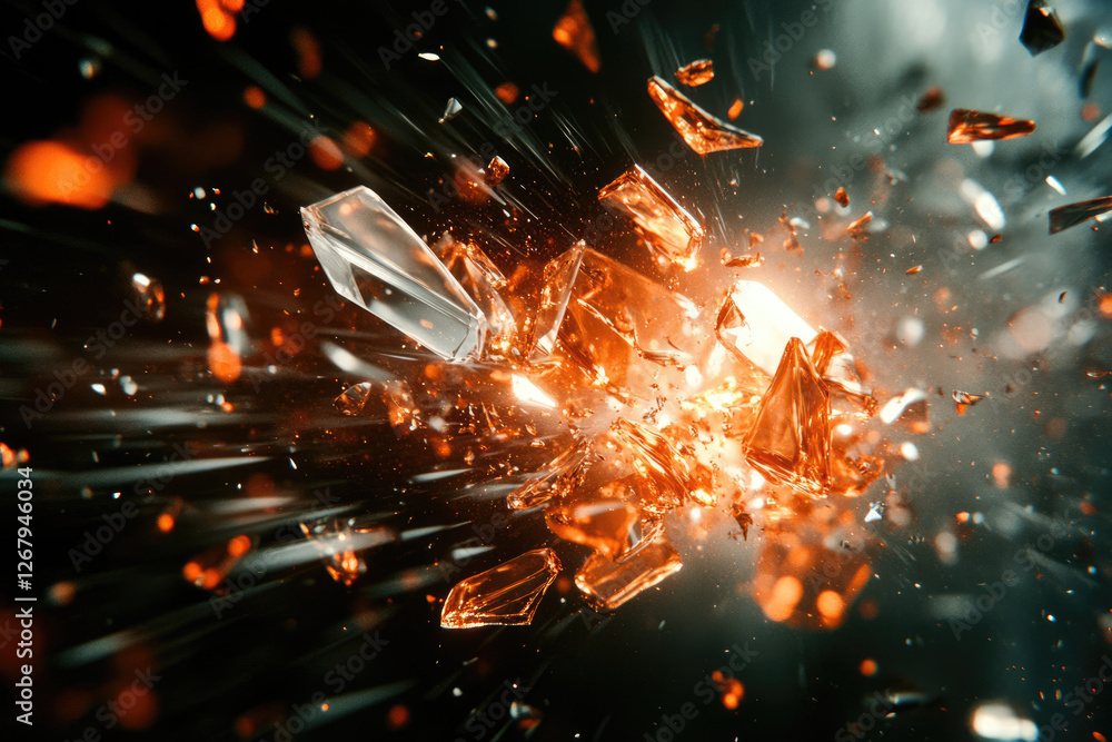 Poster shattering glass explodes in a fiery burst, fragments scattering in a dynamic motion.