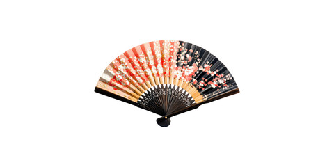 Traditional asian hand fan with floral pattern isolated on transparent background
