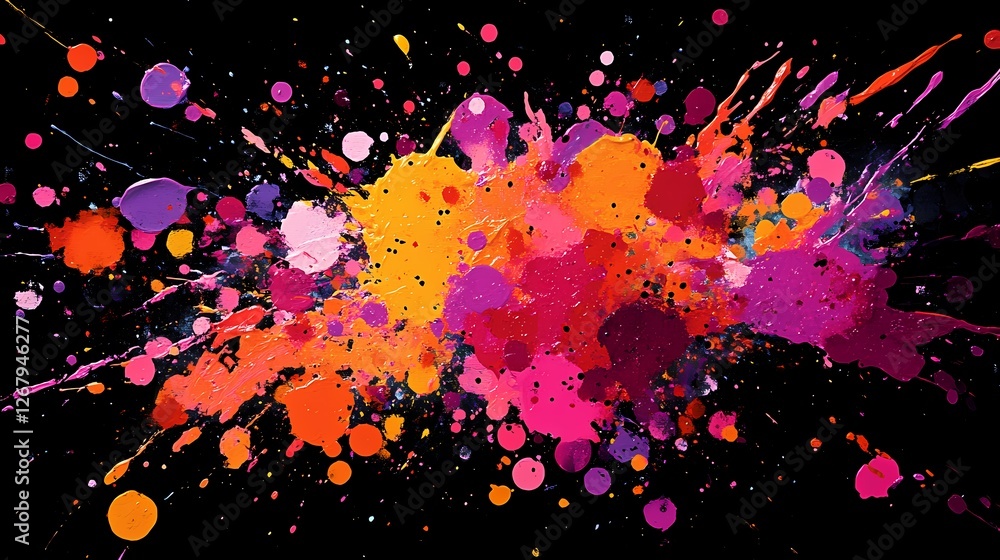 Poster colorful paint splashes create an abstract art display on a black background. generative ai