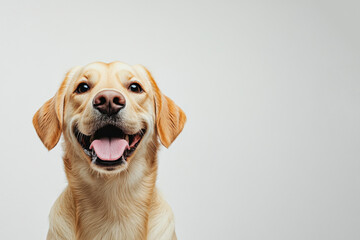 Golden Retriever, a funny and fun dog, highlighted on a white background. Care concept, animal life, health, exhibition. Isolated. Copy space for ad