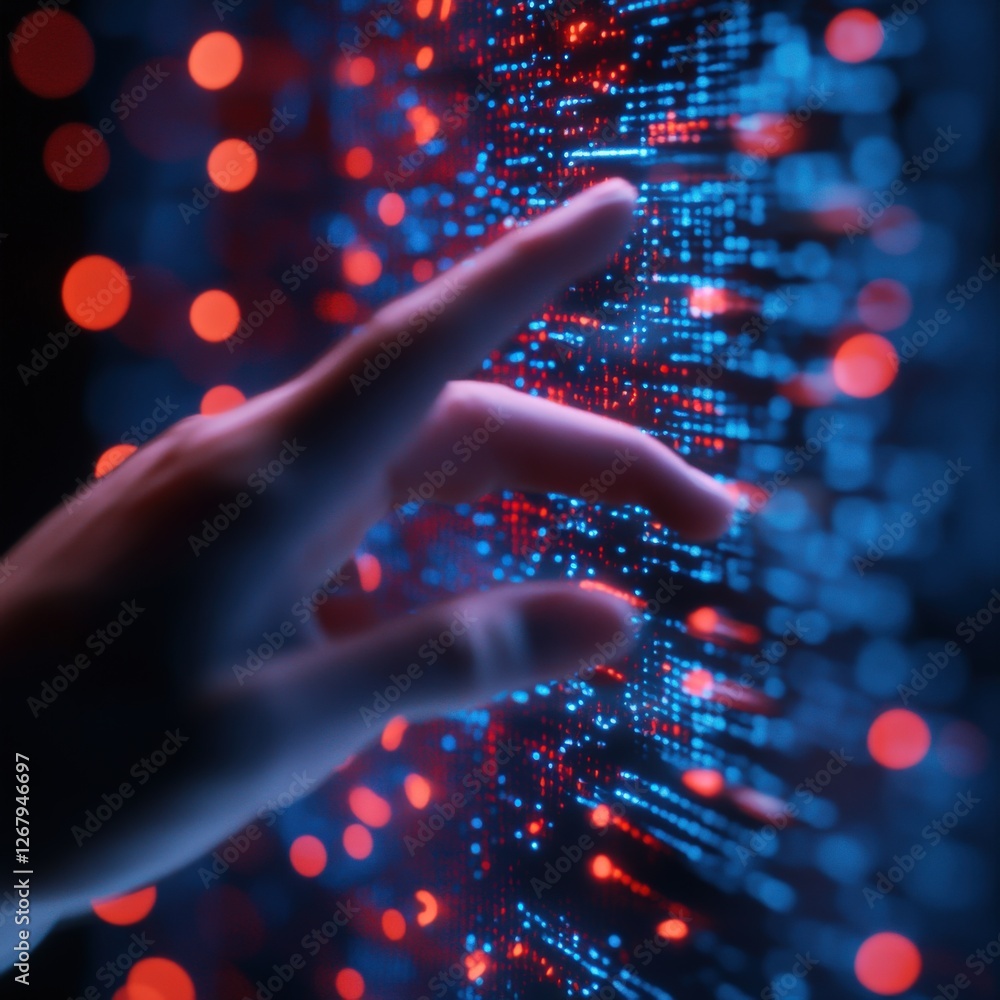Poster hand touching data stream with red and blue lights.