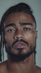 Obraz premium A striking portrait captures a Black man with detailed features and a compelling gaze against a minimalist backdrop