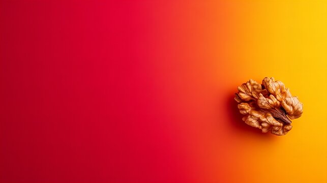 Single walnut on a vibrant red and orange background. Warm colors and autumnal vibes.