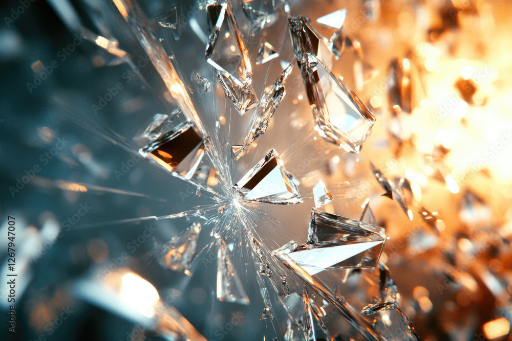 Poster shattered glass fragments explode outwards, creating a dramatic and visually stunning effect.