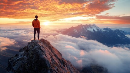 Majestic Sunrise: A lone hiker contemplates the breathtaking panorama of snow-capped mountains and a sea of clouds during a vibrant sunrise.