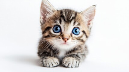 Adorable kitten with big blue eyes staring curiously on a pure white background.