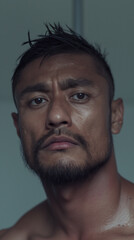 Fototapeta premium A Pacific Islander man exudes strength and confidence with a focused gaze under soft lighting, revealing intricate facial details
