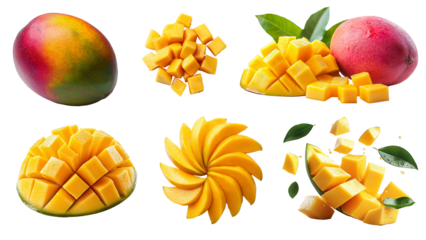 Mango set isolated on transparent background. Exotic fruit, fresh mango cut into pieces, floating and flying isolated on background. Cutout. PNG