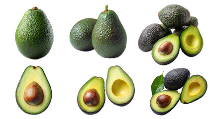 Set of whole avocado, cut in half, with stone, different angles, collection. Isolated on transparent background.