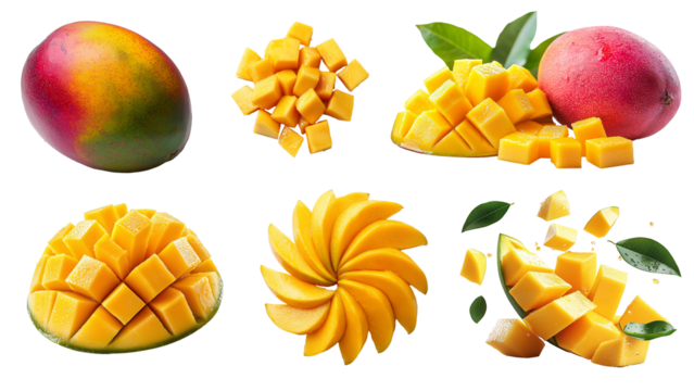 Mango set isolated on transparent background. Exotic fruit, fresh mango cut into pieces, floating and flying isolated on background. Cutout. PNG