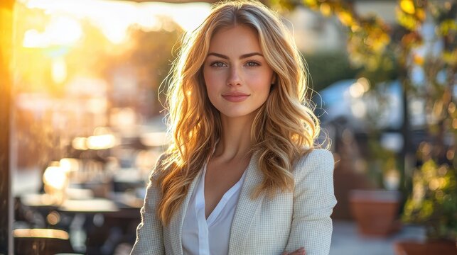 Charismatic businesswoman with golden hair standing on a stylish terrace caf&Atilde;?, soft morning sunlight highlighting her face.