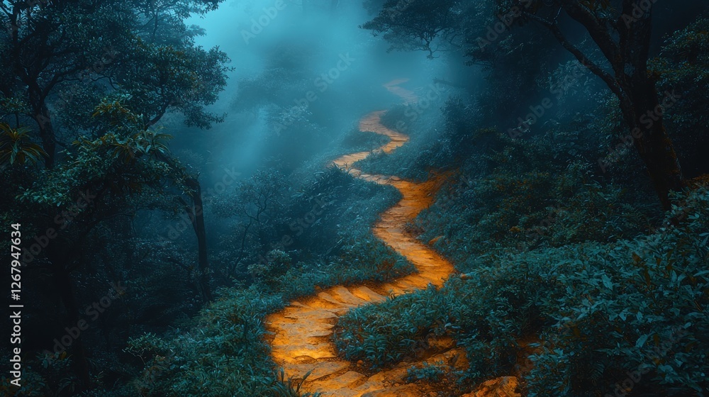Poster mystical forest path winding through misty trees