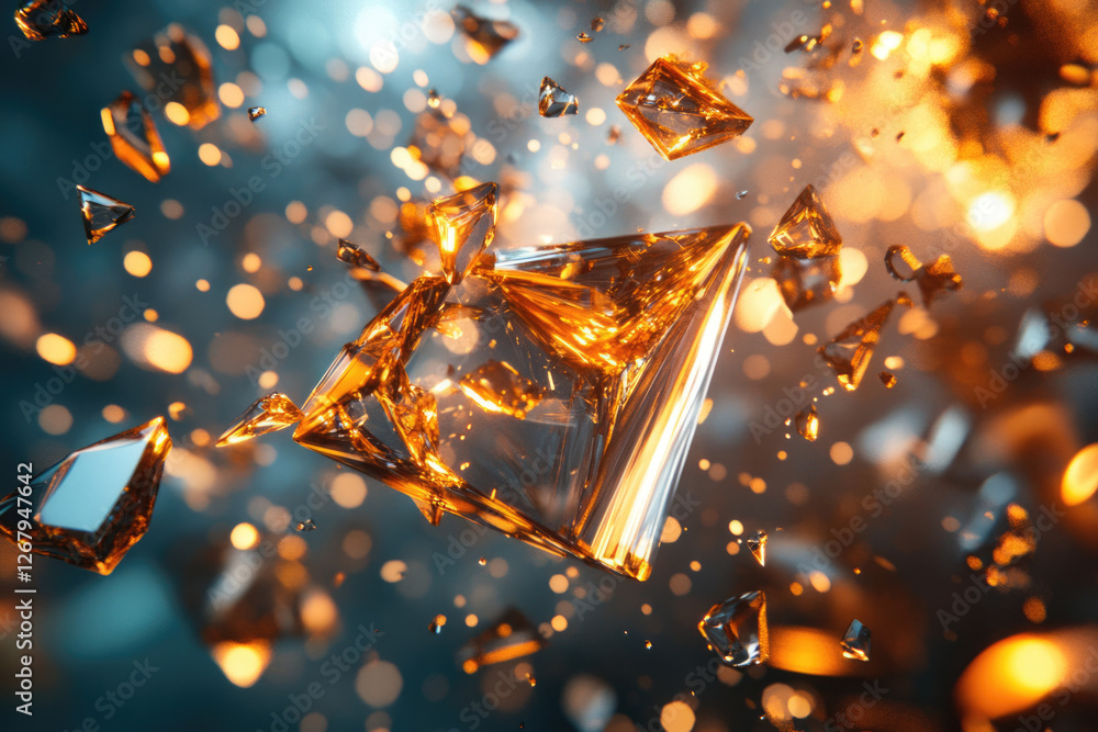 Poster Glowing shards of glass or crystal explode in a vibrant, dynamic burst of light and color.