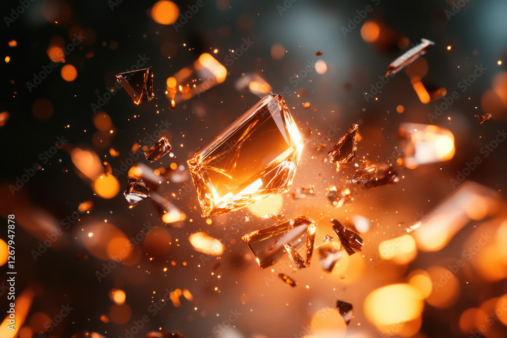 Poster shattered amber glass explodes in a fiery, mesmerizing display of fractured brilliance.