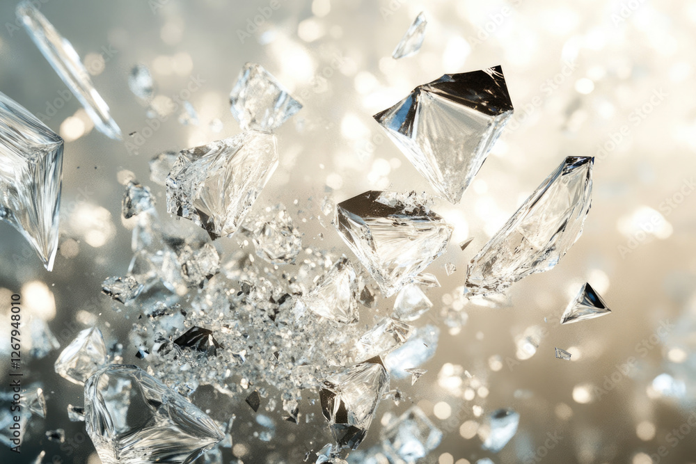 Poster Shattered crystal fragments explode in a dazzling display of light and sharp edges.