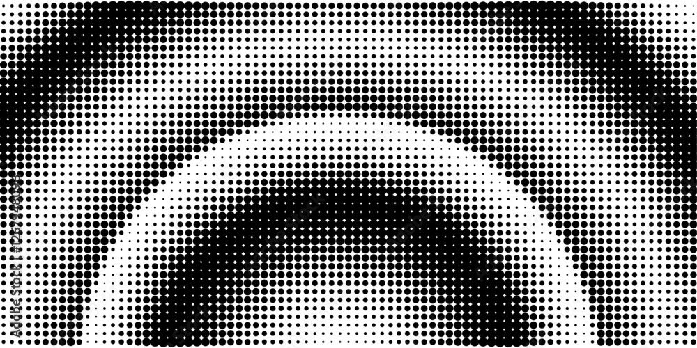 Aufkleber Grunge halftone gradient background. Abstract halftone pattern with a central, arch-like form created by varying dot sizes and density. Vector template banner, header, poster, card