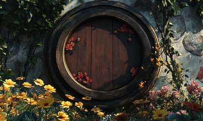 A whimsical wooden door surrounded by vibrant flowers in a lush garden setting