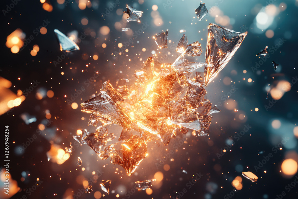 Poster Shattered glass explodes in a fiery, dynamic burst of light and energy, creating a visually striking abstract scene.