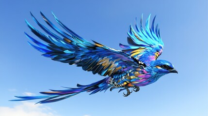 Obraz premium A magical bird of prey glides gracefully in a bright blue sky, its iridescent feathers shimmering in the sunlight, capturing the essence of spring and freedom