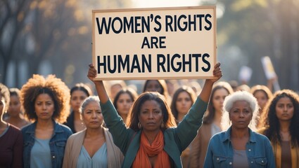 A woman at a rally holds a poster over her head that says "Women's Rights Are Human Rights", symbolizing advocacy, equality, and the fight for women's rights