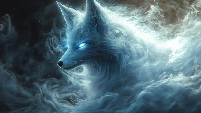 A mystical mist fox with glowing eyes, ideal for fantasy art, book covers, and promotional materials for supernatural events or Halloween.