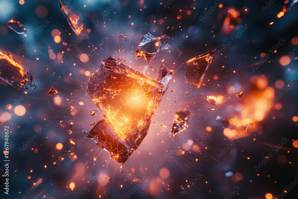 Poster fiery explosion of glowing shards, fragments scattered in a dynamic, energetic burst.