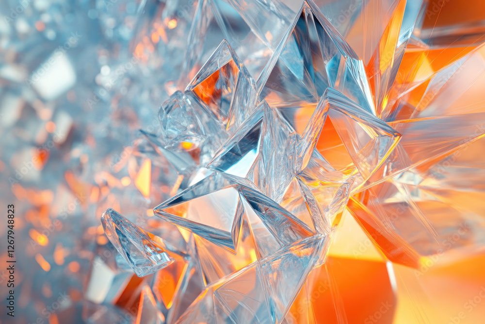 Poster abstract image of sharp, translucent crystal structures, reflecting orange and blue hues.