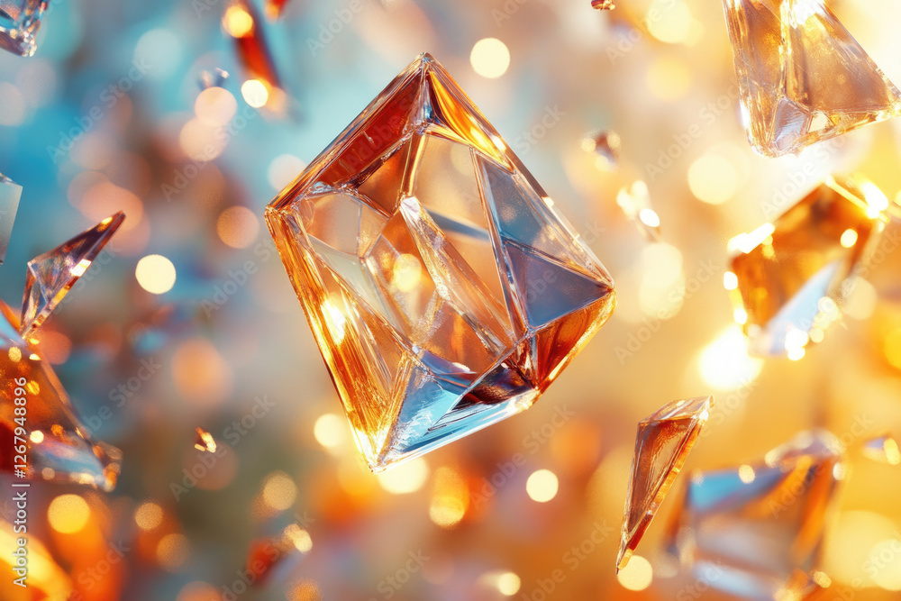 Poster shimmering,faceted crystals float in warm light, creating a luxurious, ethereal scene.