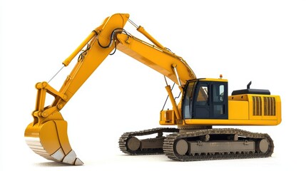 Massive yellow excavator with hydraulic arm fully extended, isolated on a white background.