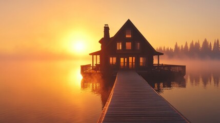 Fototapeta premium Sunrise Over Lake House Wooden Dock Peaceful Morning
