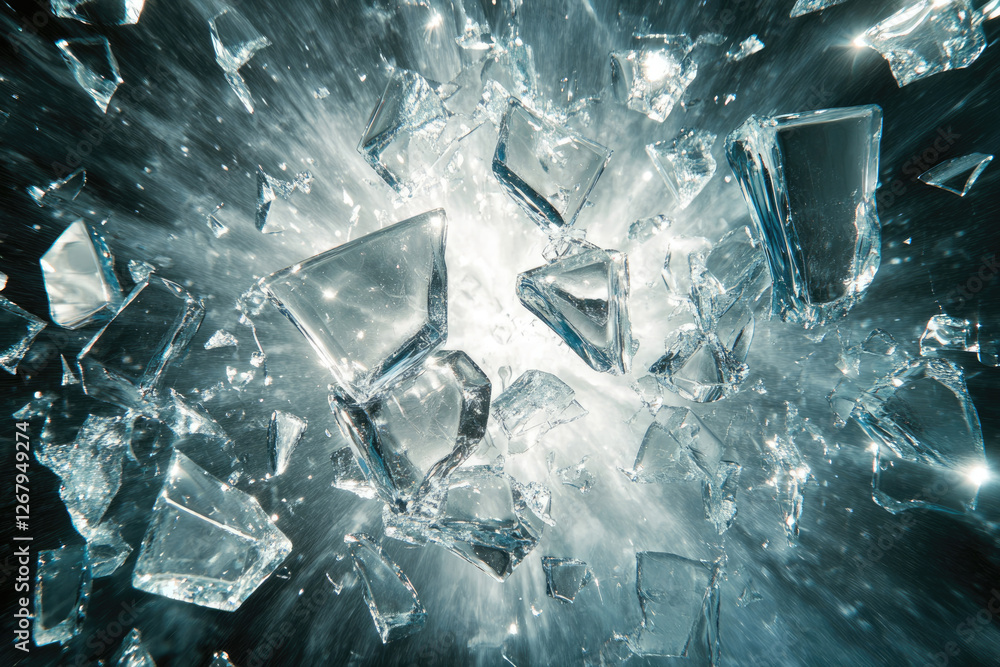 Poster shattered glass explodes outwards in a dynamic burst, creating a visually stunning effect.