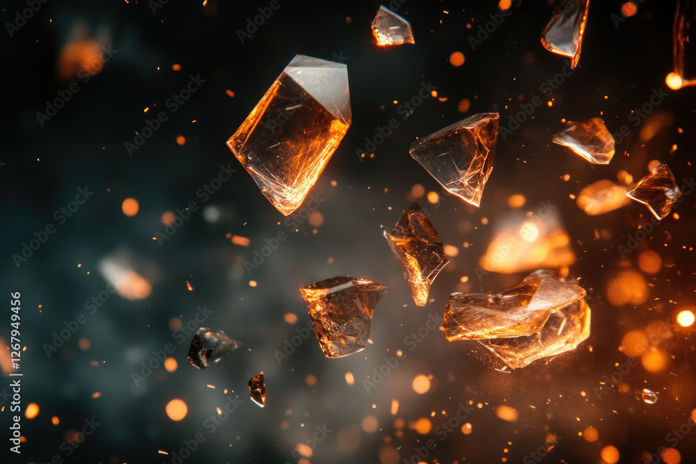Aufkleber Glowing shards of glass or crystal explode and scatter in a dark background with sparks.