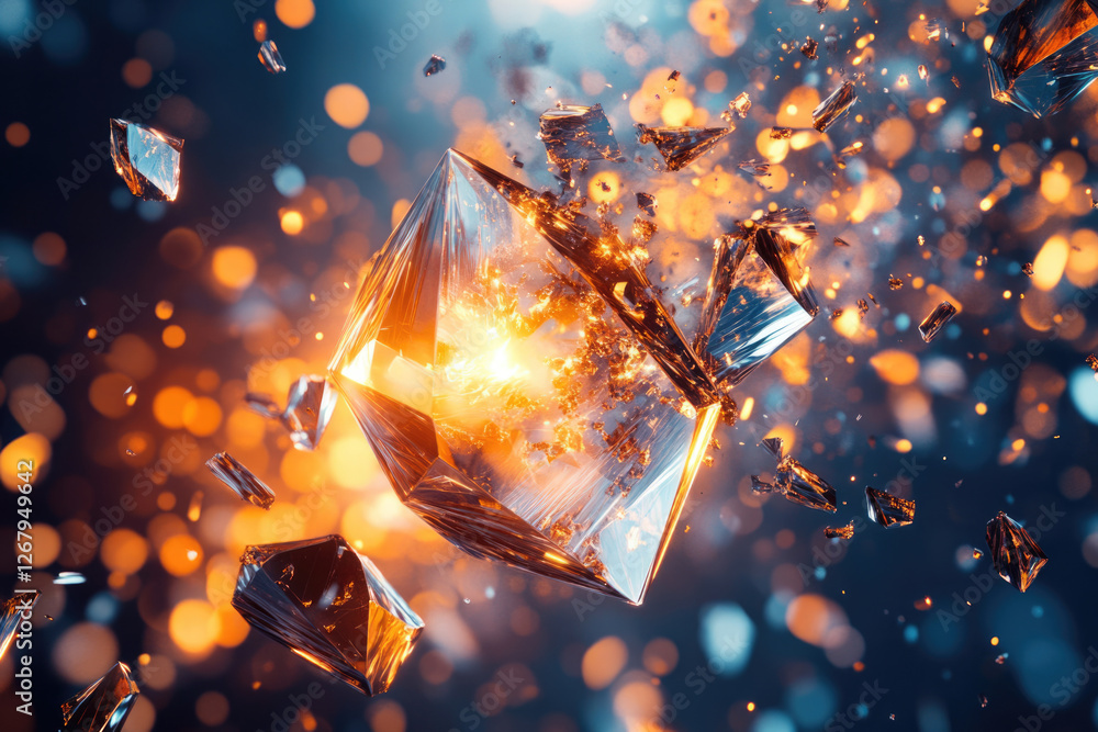 Poster A luminous crystal shatters into glowing fragments, exploding in a vibrant display of light and energy.